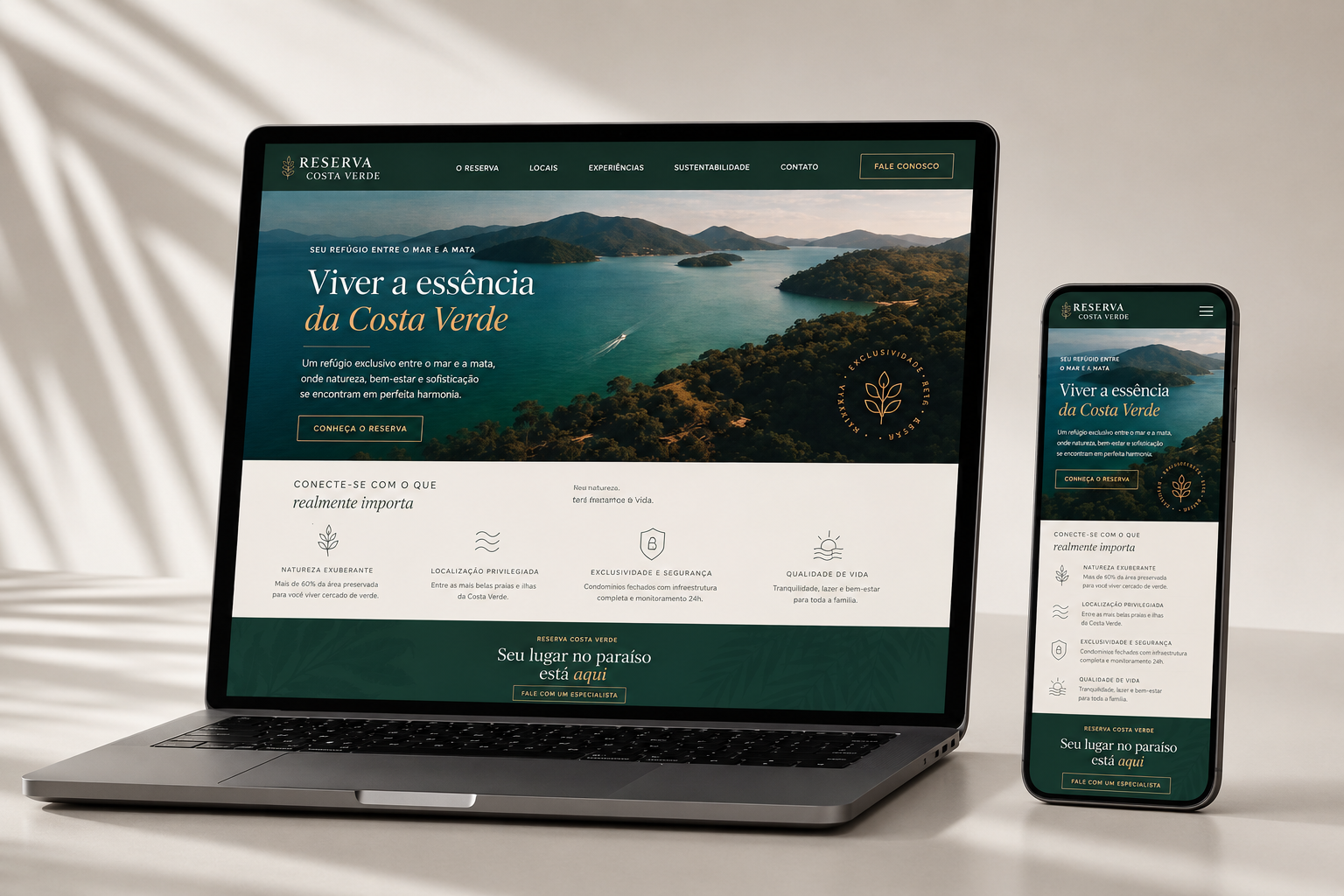Mockup do site Reserva Costa Verde em notebook e celular